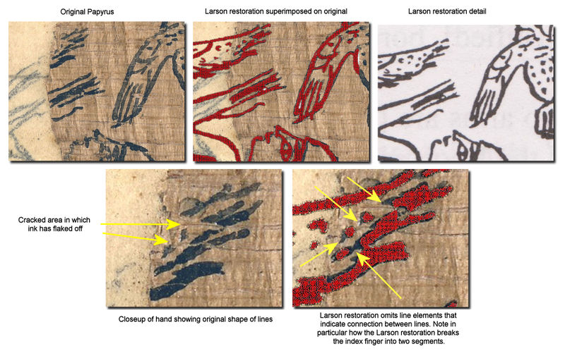 Comparison of high resolution image of the Joseph Smith papyrus with Charles Larson restoration - detail of the "hand versus wing".